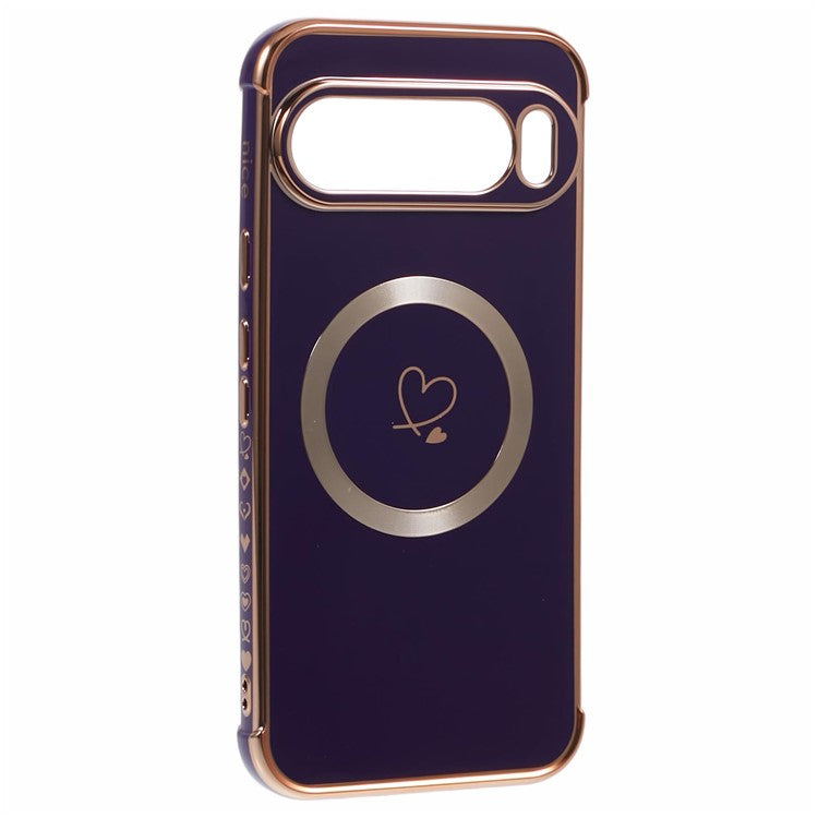 For Google Pixel 9 Pro XL Case Compatible with MagSafe Electroplated TPU Phone Cover Hollow Love Hearts - Dark Purple