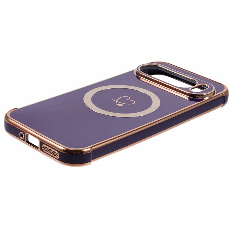 For Google Pixel 9 Pro XL Case Compatible with MagSafe Electroplated TPU Phone Cover Hollow Love Hearts - Dark Purple