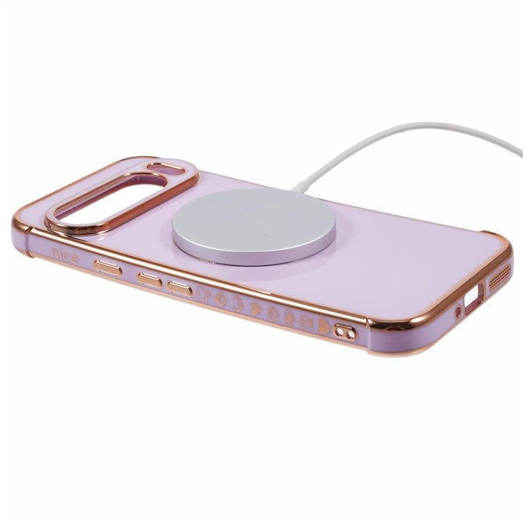 For Google Pixel 9 Pro XL Case Compatible with MagSafe Electroplated TPU Phone Cover Hollow Love Hearts - Purple