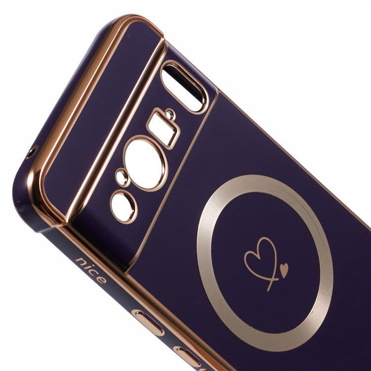For Google Pixel 8 Pro Case Compatible with MagSafe Electroplated TPU Phone Cover Hollow Love Hearts - Dark Purple