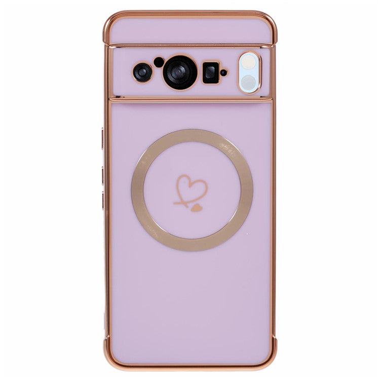 For Google Pixel 8 Pro Case Compatible with MagSafe Electroplated TPU Phone Cover Hollow Love Hearts - Purple