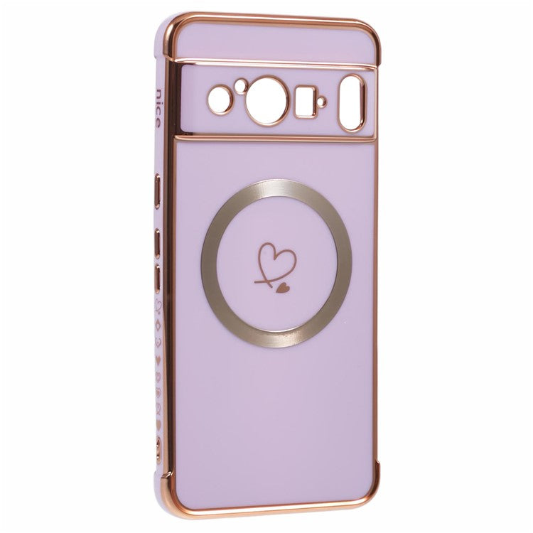 For Google Pixel 8 Pro Case Compatible with MagSafe Electroplated TPU Phone Cover Hollow Love Hearts - Purple