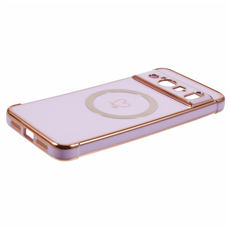 For Google Pixel 8 Pro Case Compatible with MagSafe Electroplated TPU Phone Cover Hollow Love Hearts - Purple