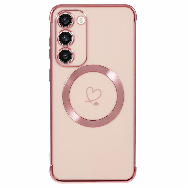 For Samsung Galaxy S23+ Case Compatible with MagSafe Electroplated TPU Phone Cover Hollow Love Hearts - Rose Pink