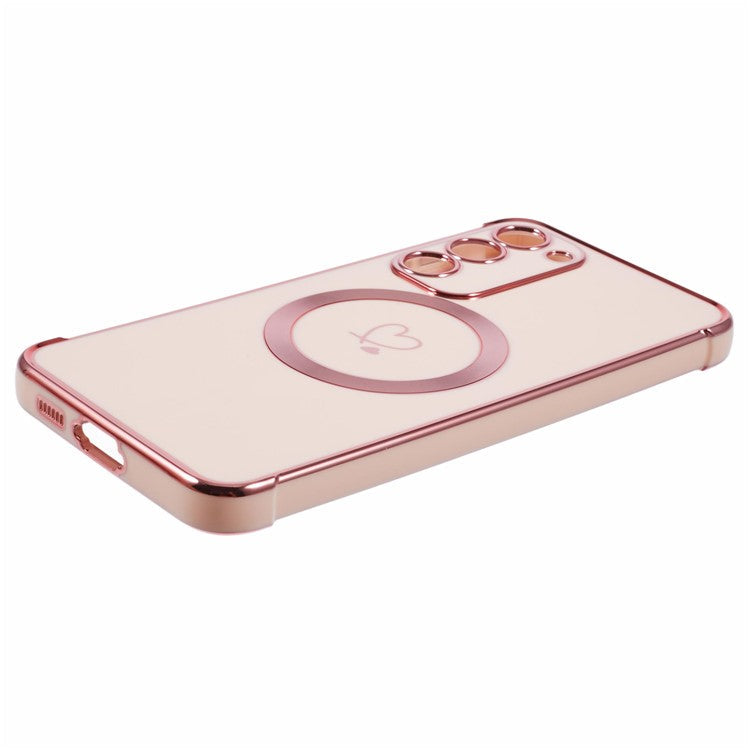For Samsung Galaxy S23+ Case Compatible with MagSafe Electroplated TPU Phone Cover Hollow Love Hearts - Rose Pink