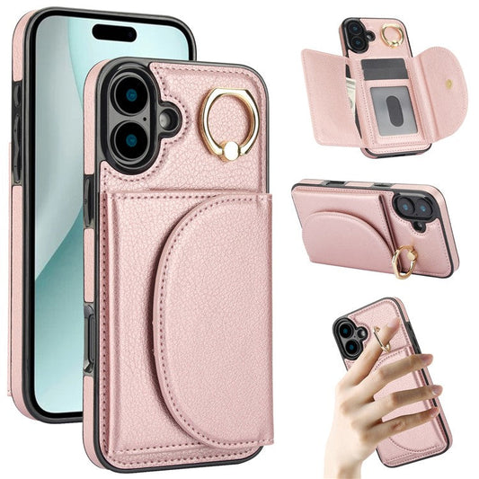 For iPhone 16 Plus Case RFID Blocking Wallet Kickstand Leather + TPU Phone Cover - Rose Gold