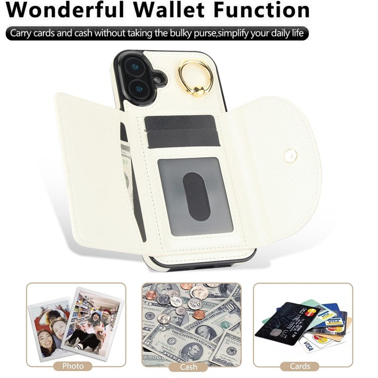 For iPhone 16 Plus Case RFID Blocking Wallet Kickstand Leather + TPU Phone Cover - White