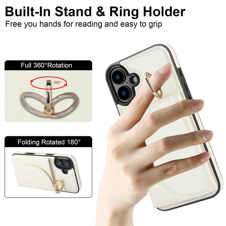 For iPhone 16 Plus Case RFID Blocking Wallet Kickstand Leather + TPU Phone Cover - White
