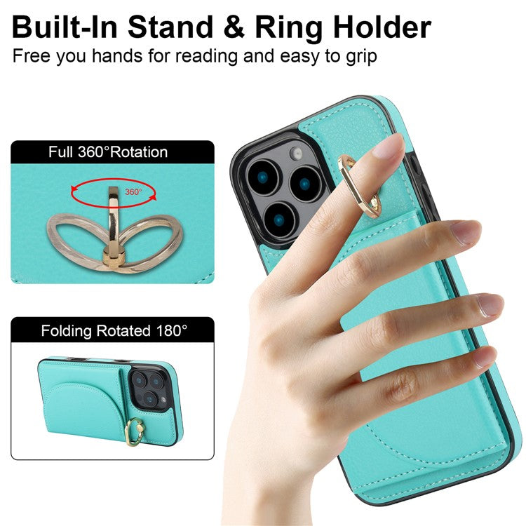 For iPhone 16 Pro Case RFID Blocking Wallet Kickstand Leather + TPU Phone Cover - Green