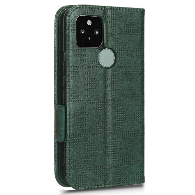 For Google Pixel 5 Imprinted Triangle Pattern Flip Phone Case Stand Wallet Drop Protection PU Leather Cover with Strap - Green