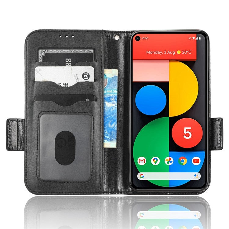 For Google Pixel 5 Imprinted Triangle Pattern Flip Phone Case Stand Wallet Drop Protection PU Leather Cover with Strap - Black