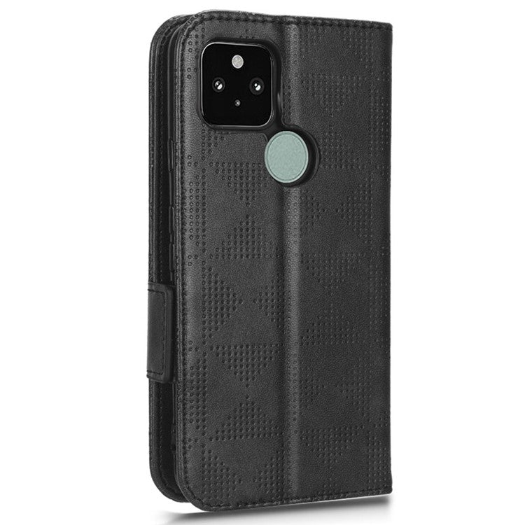 For Google Pixel 5 Imprinted Triangle Pattern Flip Phone Case Stand Wallet Drop Protection PU Leather Cover with Strap - Black