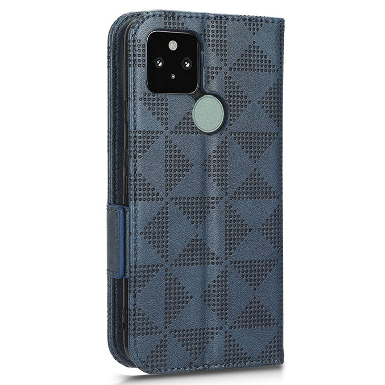 For Google Pixel 5 Imprinted Triangle Pattern Flip Phone Case Stand Wallet Drop Protection PU Leather Cover with Strap - Blue