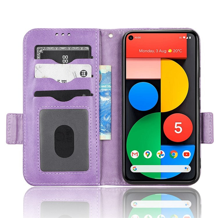 For Google Pixel 5 Imprinted Triangle Pattern Flip Phone Case Stand Wallet Drop Protection PU Leather Cover with Strap - Purple