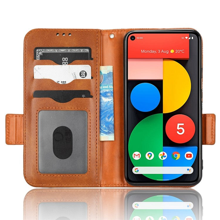 For Google Pixel 5 Imprinted Triangle Pattern Flip Phone Case Stand Wallet Drop Protection PU Leather Cover with Strap - Brown