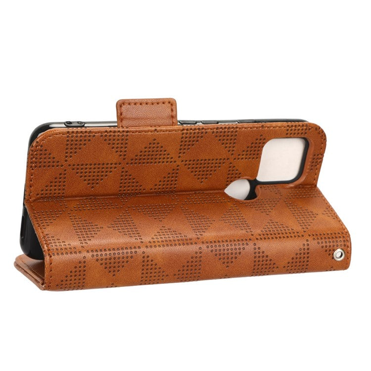 For Google Pixel 5 Imprinted Triangle Pattern Flip Phone Case Stand Wallet Drop Protection PU Leather Cover with Strap - Brown
