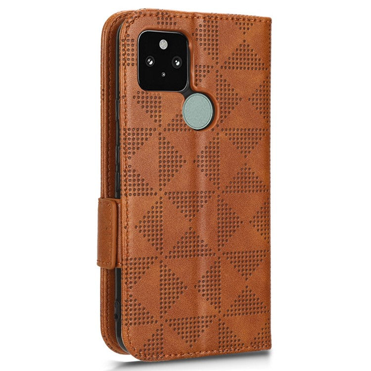For Google Pixel 5 Imprinted Triangle Pattern Flip Phone Case Stand Wallet Drop Protection PU Leather Cover with Strap - Brown
