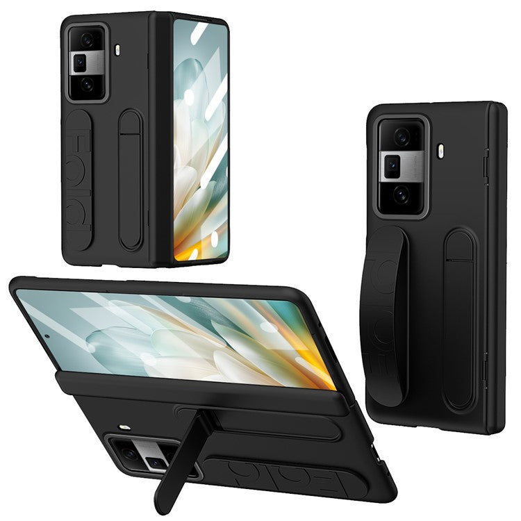 For Honor Magic Vs3 5G Case Kickstand Wristband PC Phone Cover with Tempered Glass Film - Black