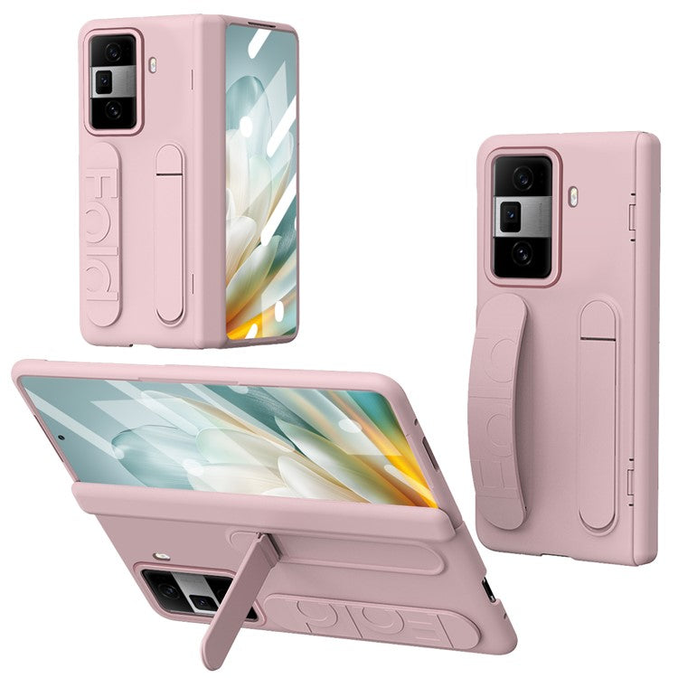 For Honor Magic Vs3 5G Case Kickstand Wristband PC Phone Cover with Tempered Glass Film - Pink