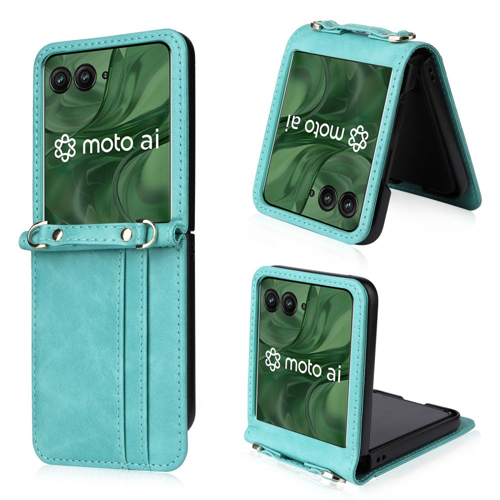 For Motorola Razr 50 Ultra 5G / Razr+ 2024 5G Case Card Slots Leather Phone Cover with Lanyard - Green