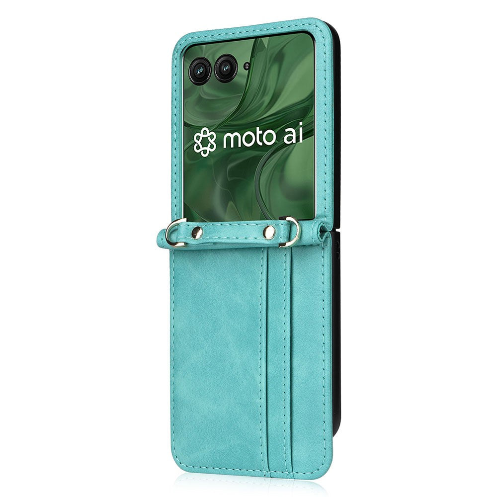 For Motorola Razr 50 Ultra 5G / Razr+ 2024 5G Case Card Slots Leather Phone Cover with Lanyard - Green