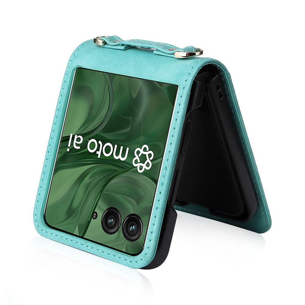 For Motorola Razr 50 Ultra 5G / Razr+ 2024 5G Case Card Slots Leather Phone Cover with Lanyard - Green
