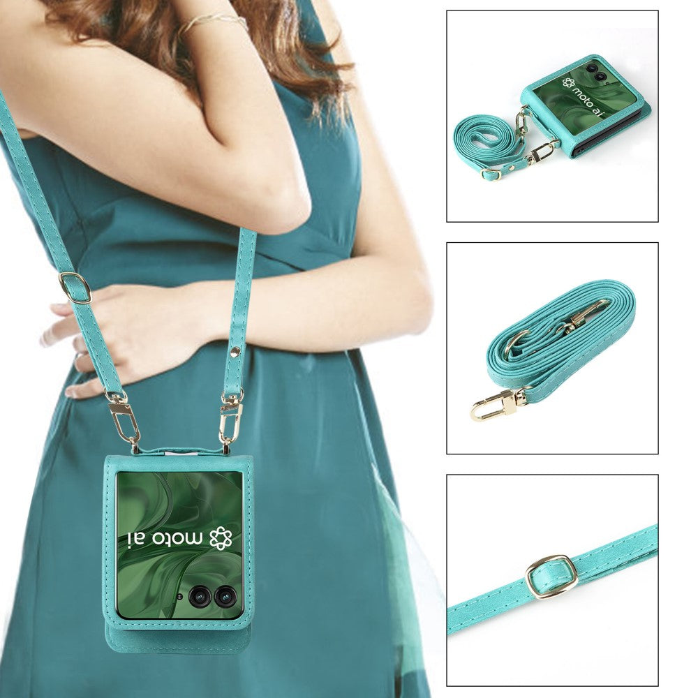 For Motorola Razr 50 Ultra 5G / Razr+ 2024 5G Case Card Slots Leather Phone Cover with Lanyard - Green