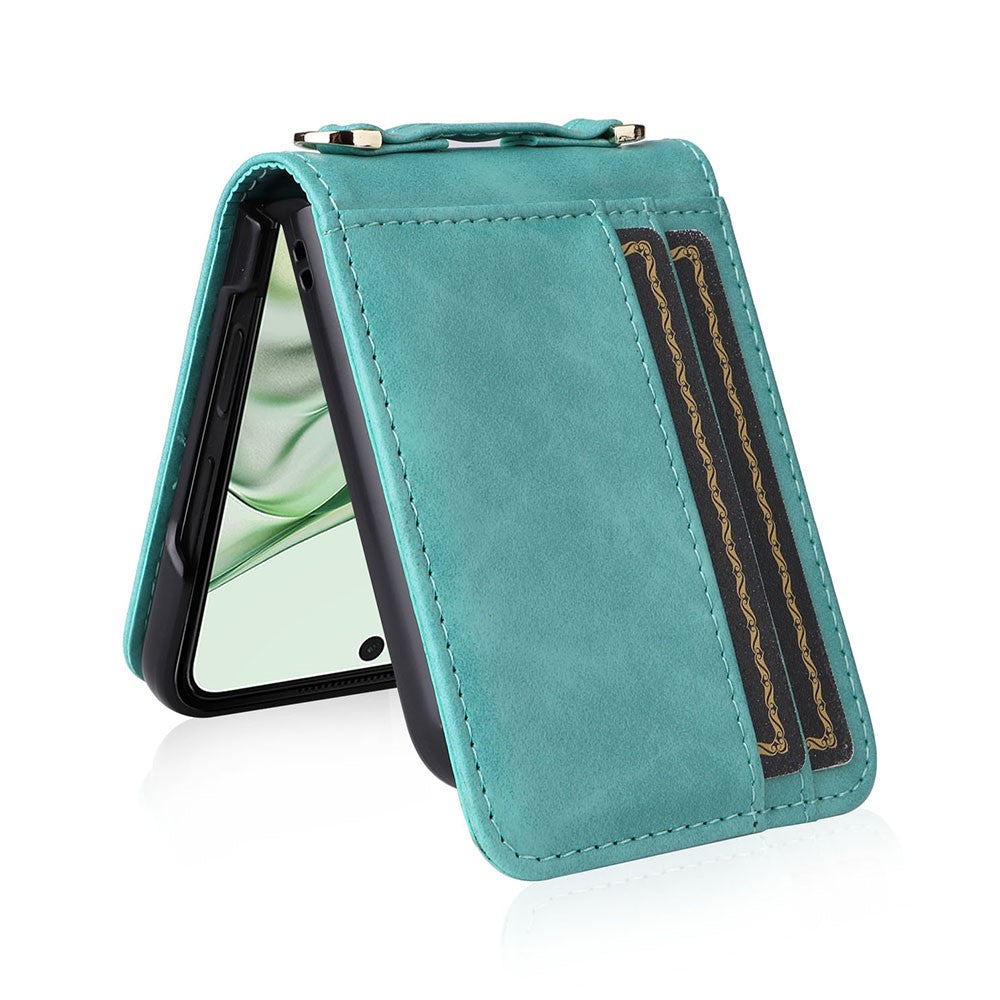For Motorola Razr 50 Ultra 5G / Razr+ 2024 5G Case Card Slots Leather Phone Cover with Lanyard - Green