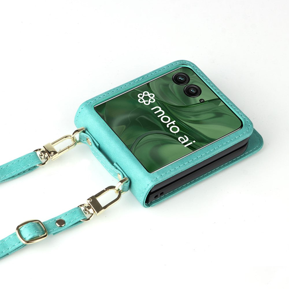 For Motorola Razr 50 Ultra 5G / Razr+ 2024 5G Case Card Slots Leather Phone Cover with Lanyard - Green