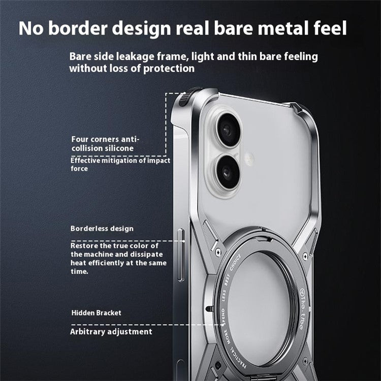 For iPhone 16 Case Kickstand Frameless Aluminum Alloy Bumper Phone Cover - Silver