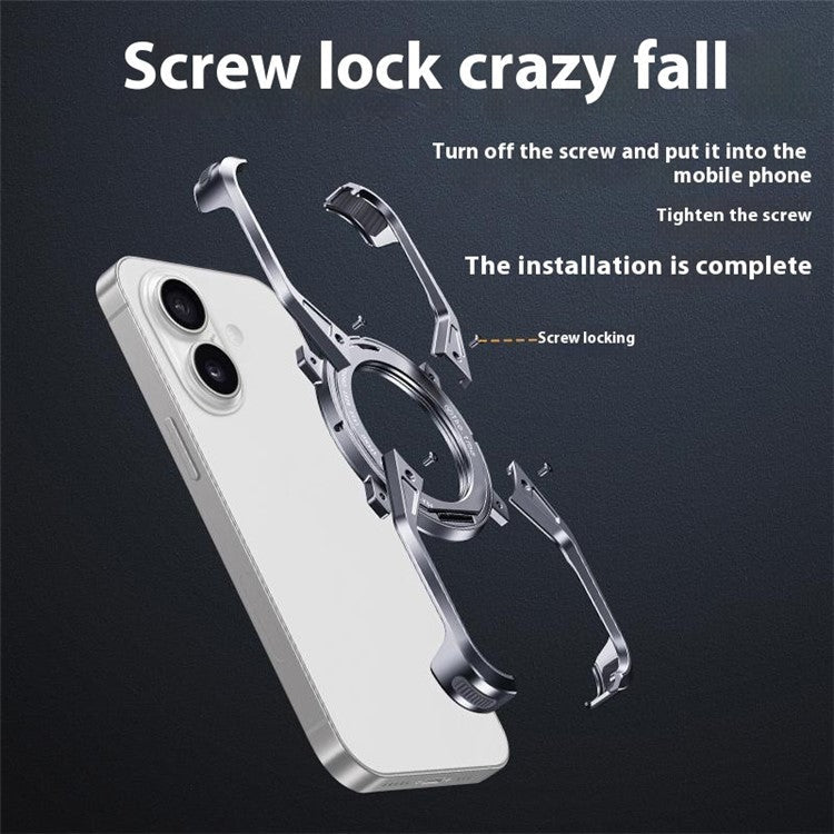 For iPhone 16 Case Kickstand Frameless Aluminum Alloy Bumper Phone Cover - Silver