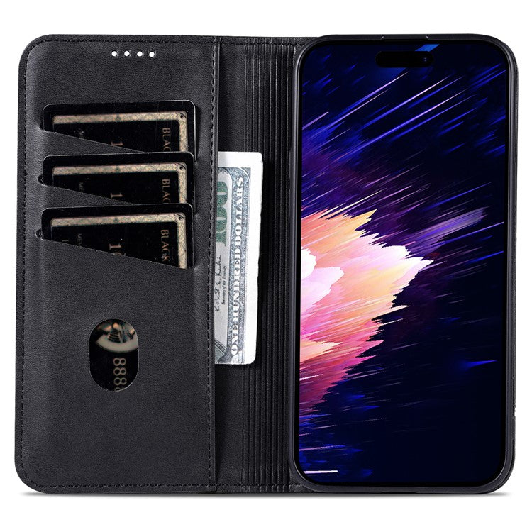 AZNS For iPhone 16 Plus Case Cowhide Texture PU Leather Wallet Phone Cover - Black