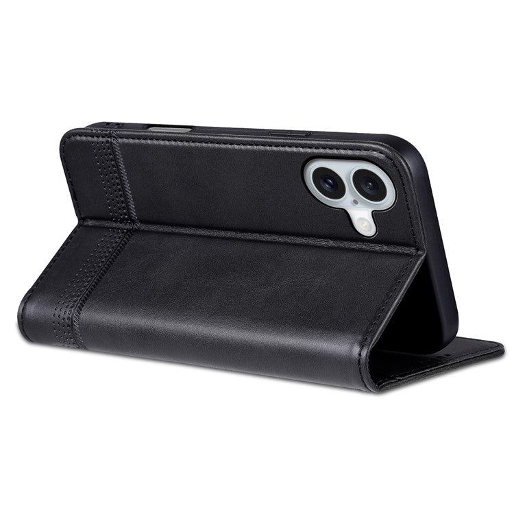 AZNS For iPhone 16 Plus Case Cowhide Texture PU Leather Wallet Phone Cover - Black