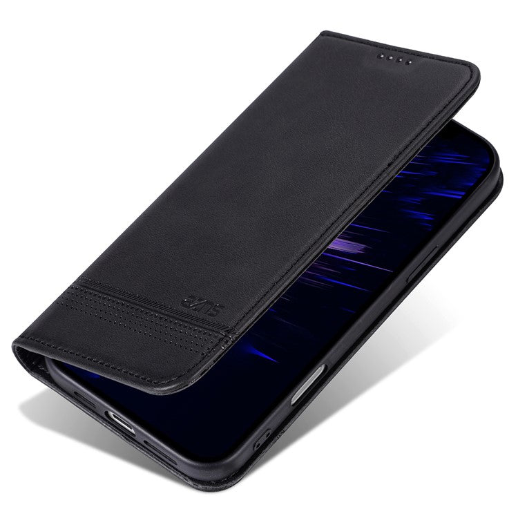 AZNS For iPhone 16 Plus Case Cowhide Texture PU Leather Wallet Phone Cover - Black