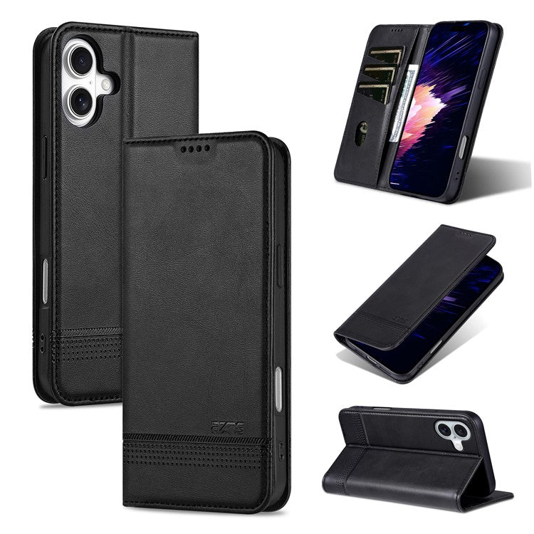 AZNS For iPhone 16 Plus Case Cowhide Texture PU Leather Wallet Phone Cover - Black