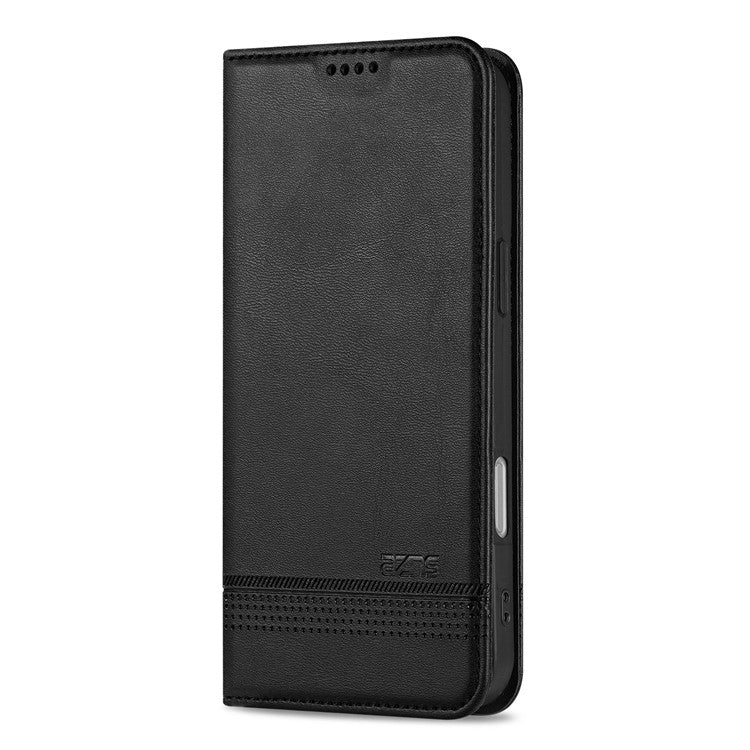 AZNS For iPhone 16 Plus Case Cowhide Texture PU Leather Wallet Phone Cover - Black