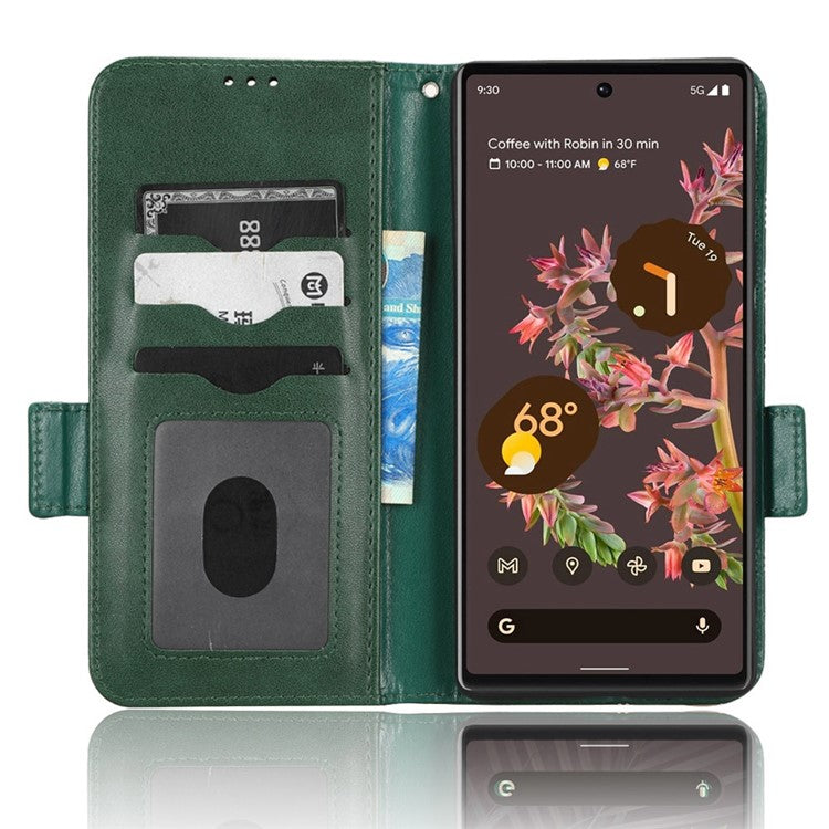 Cell Phone Case for Google Pixel 6, Imprinted Triangle Stand Anti-scratch Wallet PU Leather Cover with Strap - Green