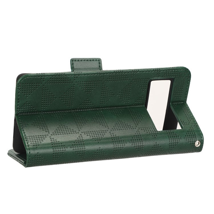 Cell Phone Case for Google Pixel 6, Imprinted Triangle Stand Anti-scratch Wallet PU Leather Cover with Strap - Green