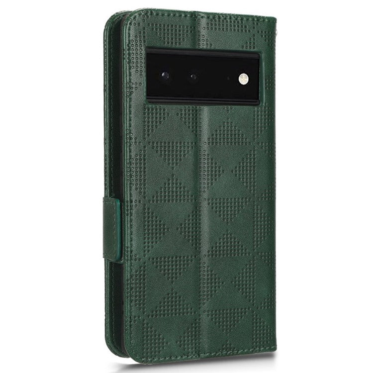 Cell Phone Case for Google Pixel 6, Imprinted Triangle Stand Anti-scratch Wallet PU Leather Cover with Strap - Green