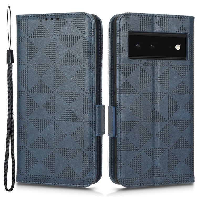 Cell Phone Case for Google Pixel 6, Imprinted Triangle Stand Anti-scratch Wallet PU Leather Cover with Strap - Blue