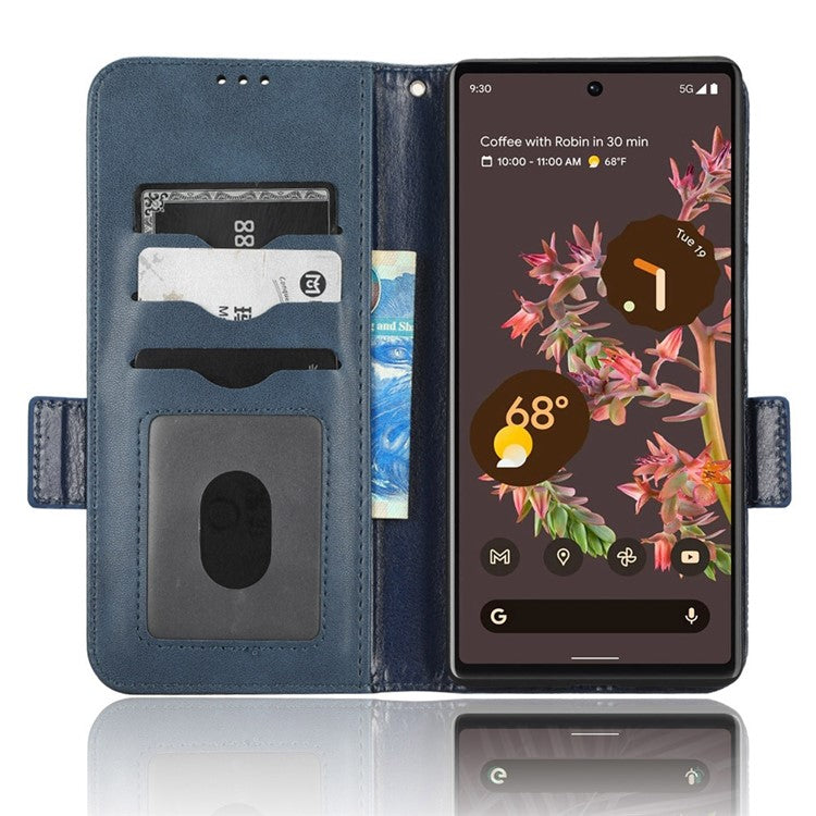 Cell Phone Case for Google Pixel 6, Imprinted Triangle Stand Anti-scratch Wallet PU Leather Cover with Strap - Blue