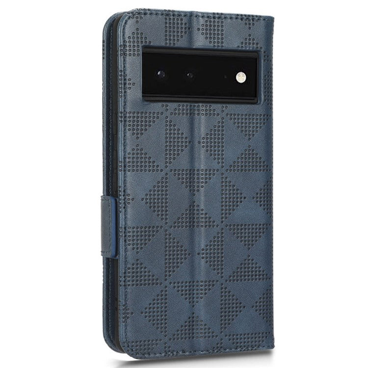 Cell Phone Case for Google Pixel 6, Imprinted Triangle Stand Anti-scratch Wallet PU Leather Cover with Strap - Blue