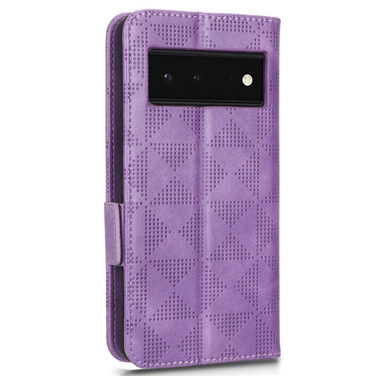 Cell Phone Case for Google Pixel 6, Imprinted Triangle Stand Anti-scratch Wallet PU Leather Cover with Strap - Purple