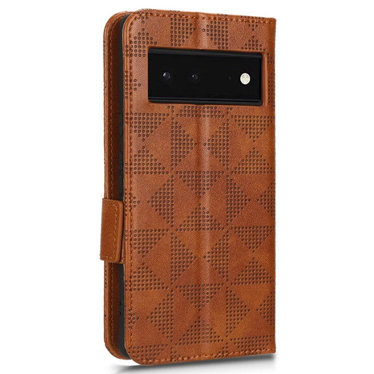 Cell Phone Case for Google Pixel 6, Imprinted Triangle Stand Anti-scratch Wallet PU Leather Cover with Strap - Brown