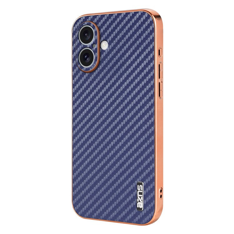 AZNS For iPhone 16 Case Electroplating Carbon Fiber Texture PU+TPU Phone Cover - Blue
