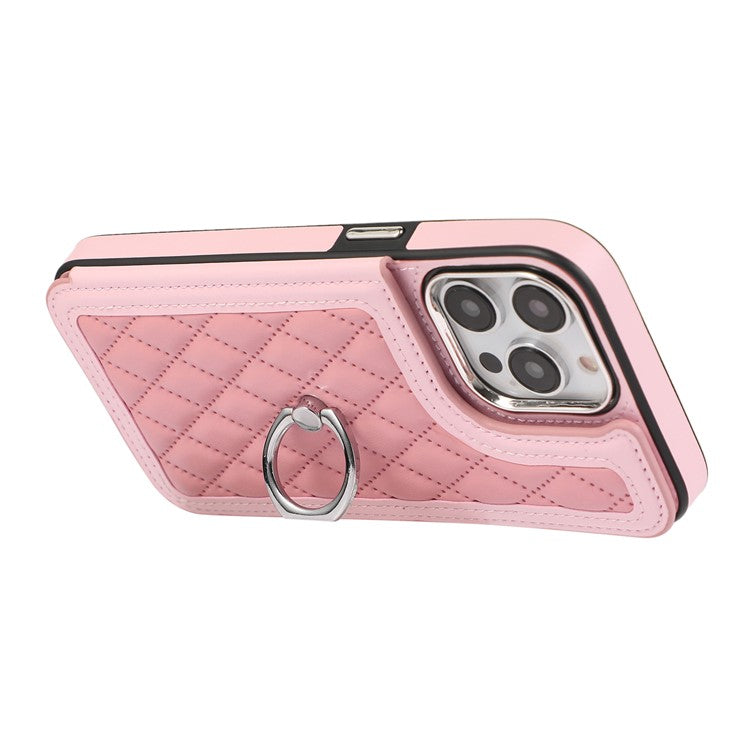 For iPhone 16 Pro Case Anti-Drop TPU+PU Leather Phone Cover with Ring Kickstand and Shoulder Strap - Pink