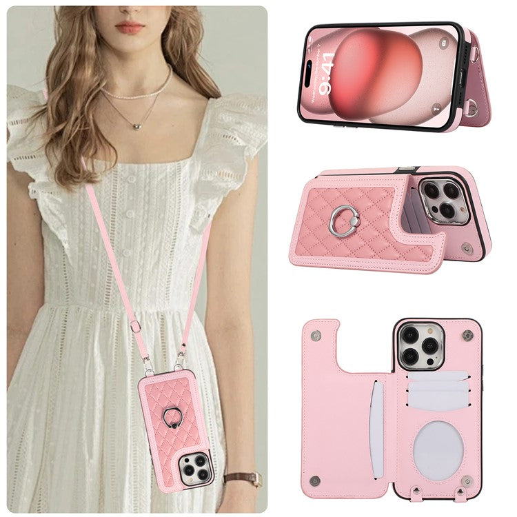 For iPhone 16 Pro Case Anti-Drop TPU+PU Leather Phone Cover with Ring Kickstand and Shoulder Strap - Pink