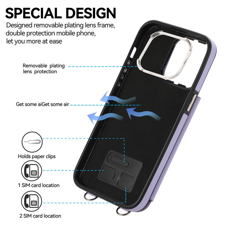 For iPhone 16 Pro Case Anti-Drop TPU+PU Leather Phone Cover with Ring Kickstand and Shoulder Strap - Pink
