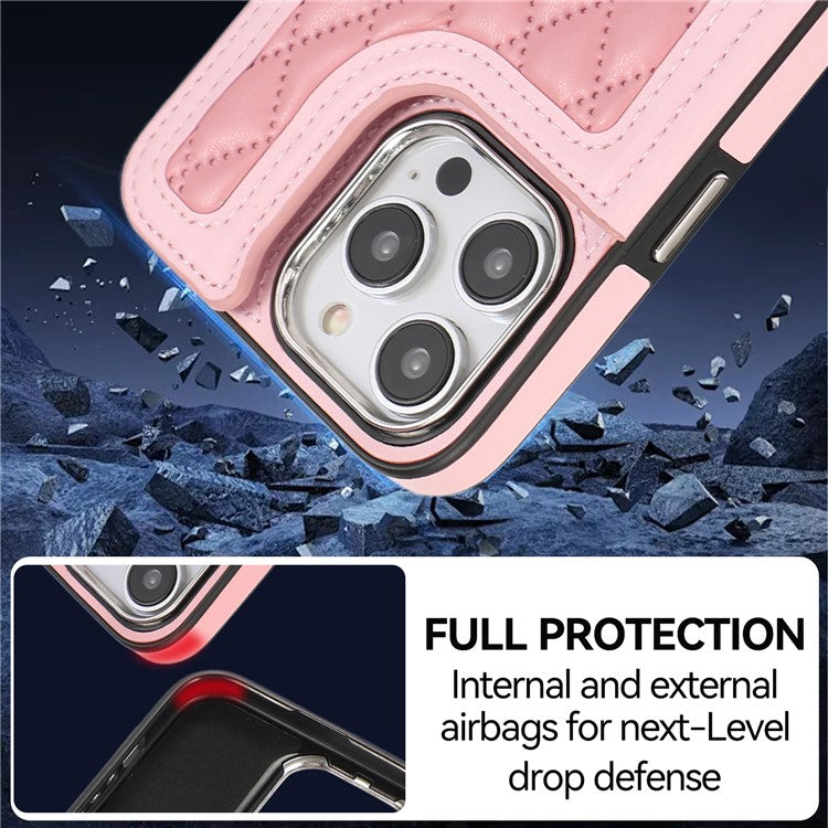 For iPhone 16 Pro Case Anti-Drop TPU+PU Leather Phone Cover with Ring Kickstand and Shoulder Strap - Pink