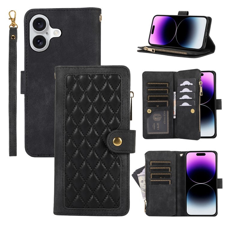 For iPhone 16 Plus Case TPU+PU Leather Zipper Pocket Wallet Phone Cover with Wrist Strap - Black